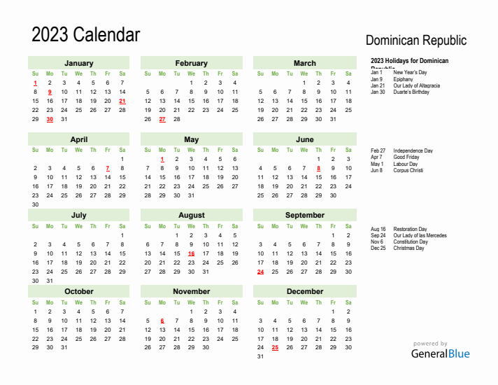 Holiday Calendar 2023 for Dominican Republic (Sunday Start)