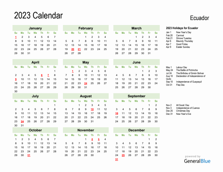 Holiday Calendar 2023 for Ecuador (Sunday Start)