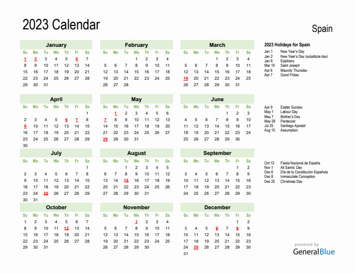 Holiday Calendar 2023 for Spain (Sunday Start)