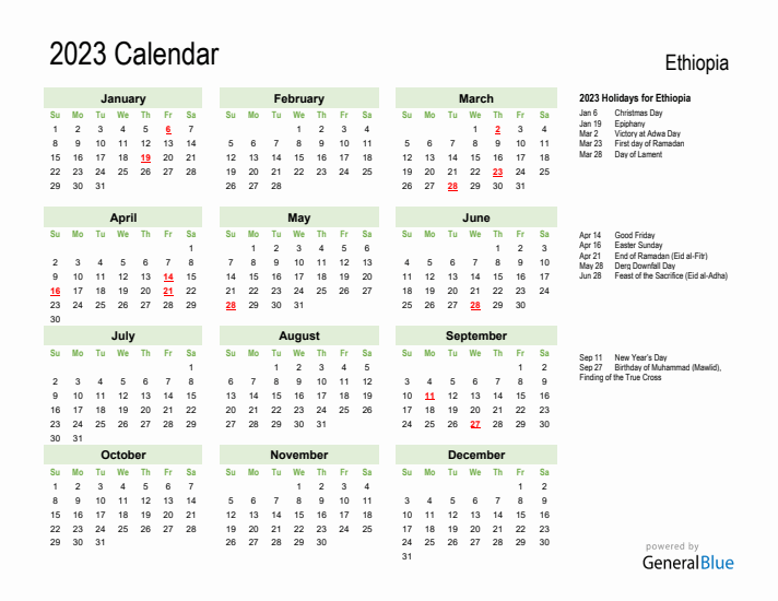 Holiday Calendar 2023 for Ethiopia (Sunday Start)