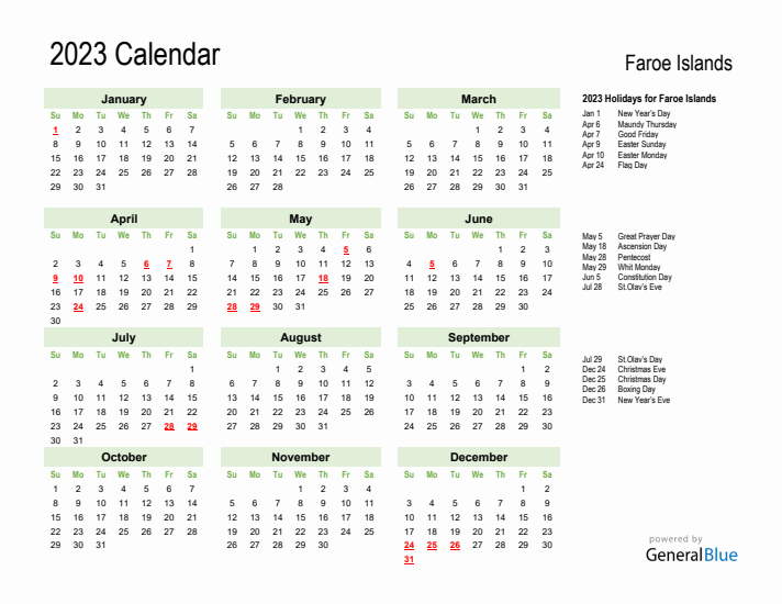 Holiday Calendar 2023 for Faroe Islands (Sunday Start)