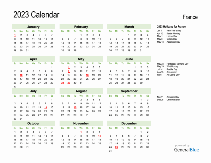 Holiday Calendar 2023 for France (Sunday Start)