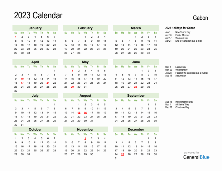Holiday Calendar 2023 for Gabon (Sunday Start)