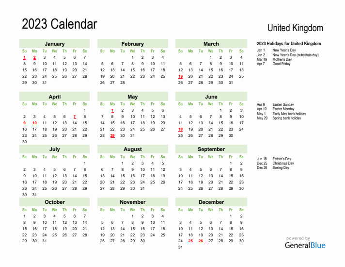Holiday Calendar 2023 for United Kingdom (Sunday Start)