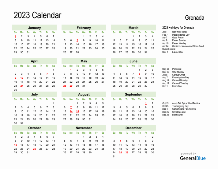Holiday Calendar 2023 for Grenada (Sunday Start)
