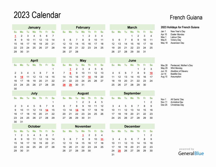 Holiday Calendar 2023 For French Guiana Sunday Start