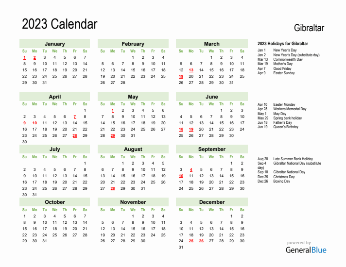 Holiday Calendar 2023 for Gibraltar (Sunday Start)