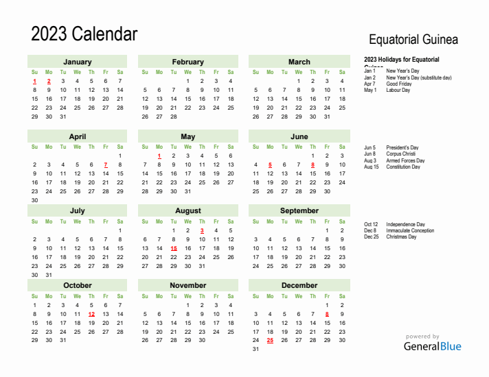 Holiday Calendar 2023 for Equatorial Guinea (Sunday Start)