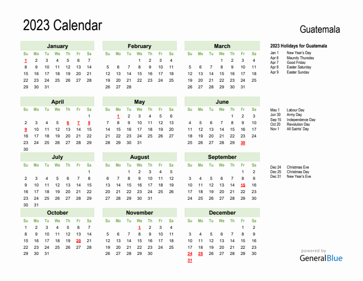 Holiday Calendar 2023 for Guatemala (Sunday Start)