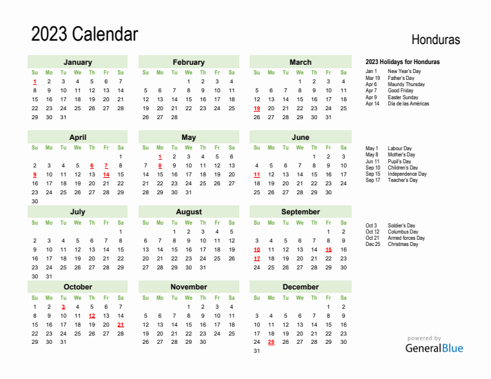 Holiday Calendar 2023 for Honduras (Sunday Start)