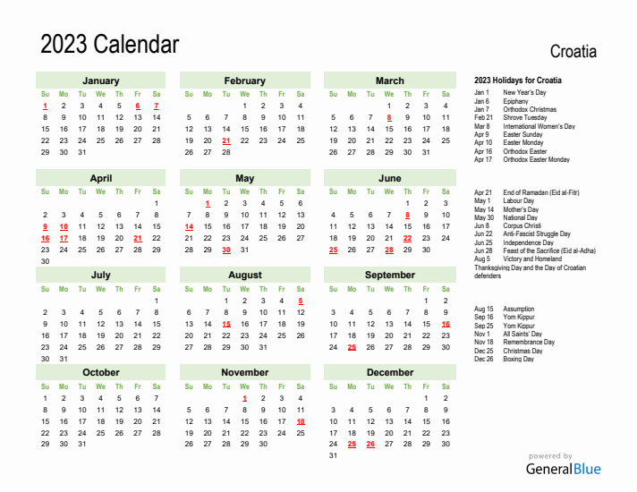 Holiday Calendar 2023 for Croatia (Sunday Start)