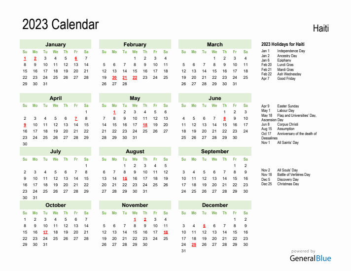 Holiday Calendar 2023 for Haiti (Sunday Start)