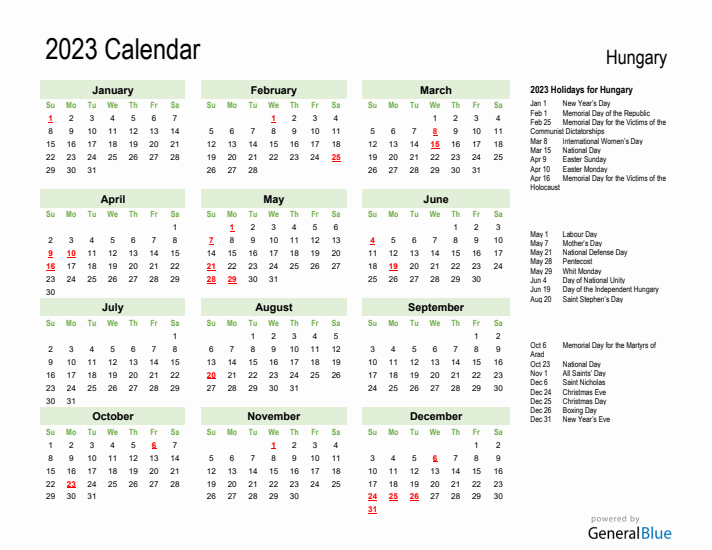 Holiday Calendar 2023 for Hungary (Sunday Start)