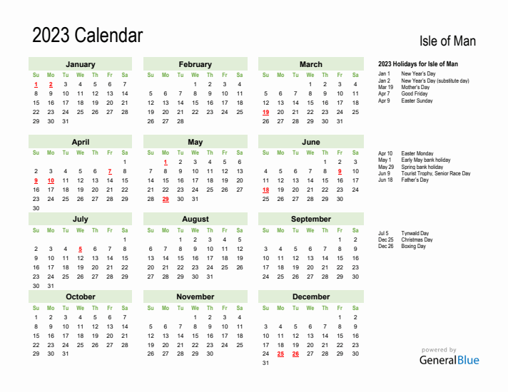 Holiday Calendar 2023 for Isle of Man (Sunday Start)