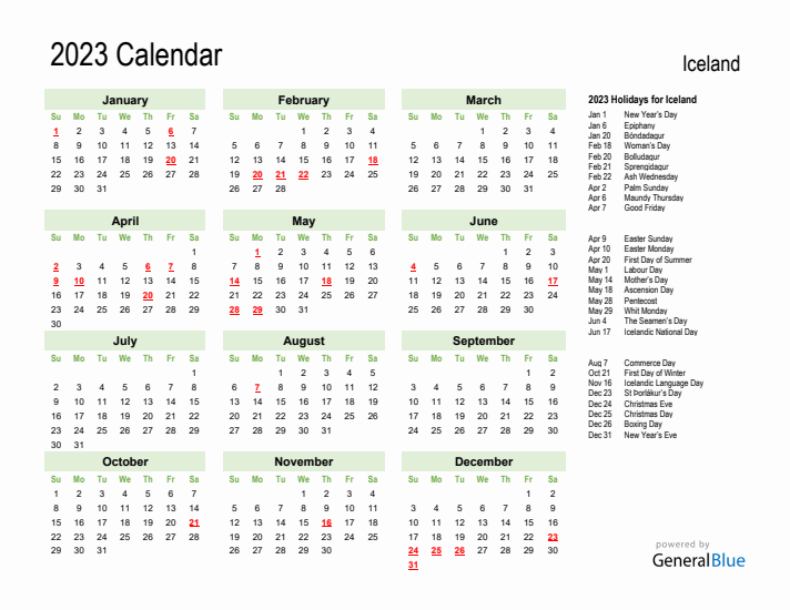 Holiday Calendar 2023 for Iceland (Sunday Start)