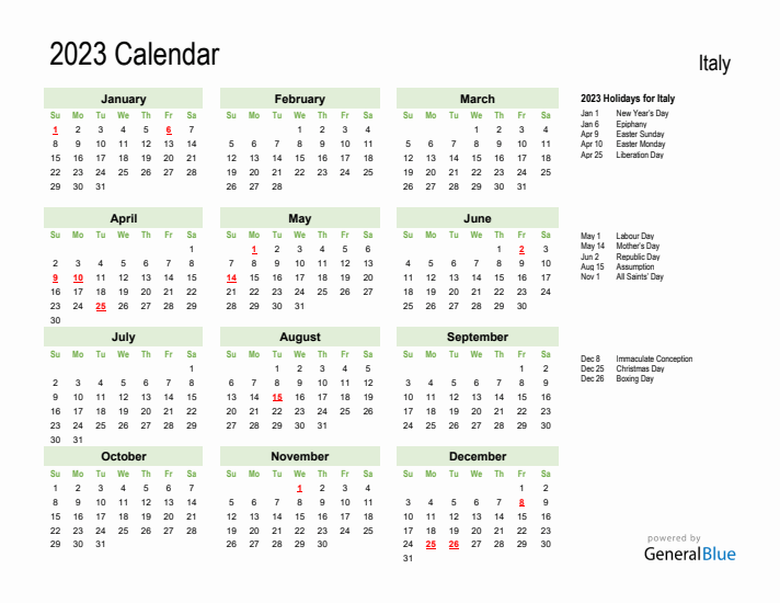 Holiday Calendar 2023 for Italy (Sunday Start)