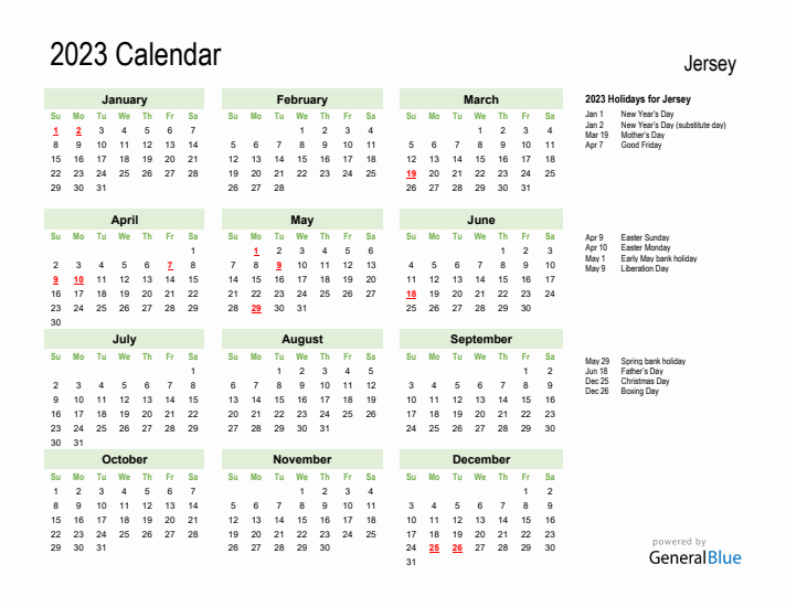 Holiday Calendar 2023 for Jersey (Sunday Start)