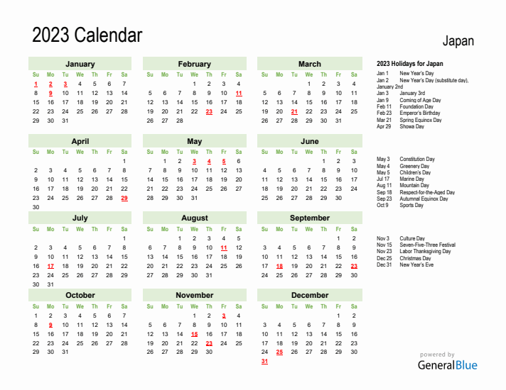 Holiday Calendar 2023 for Japan (Sunday Start)