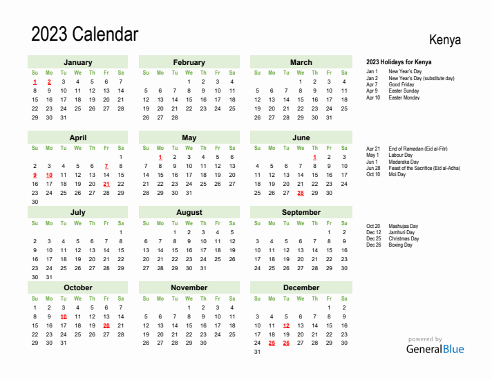 Holiday Calendar 2023 for Kenya (Sunday Start)