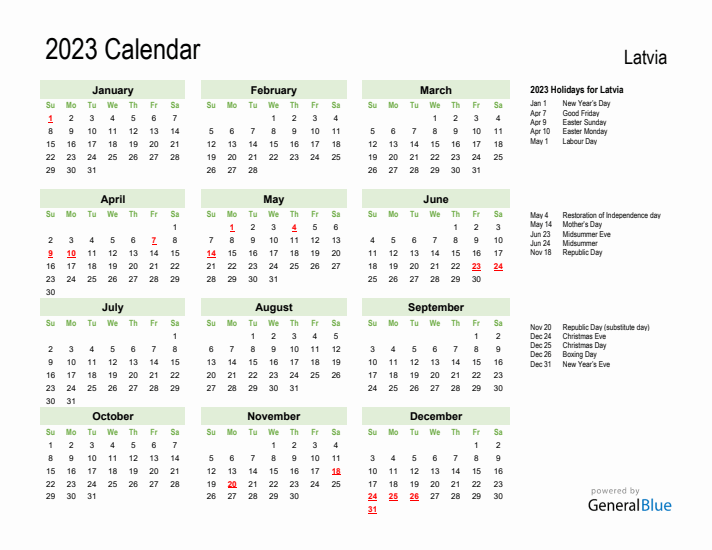 Holiday Calendar 2023 for Latvia (Sunday Start)