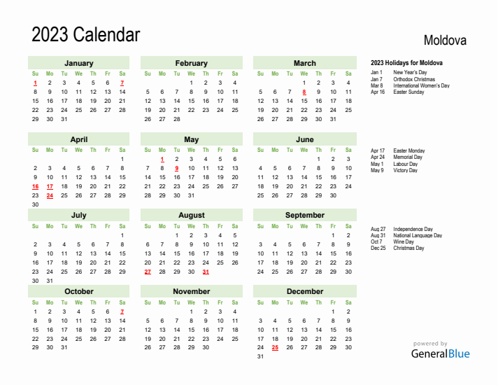 Holiday Calendar 2023 for Moldova (Sunday Start)