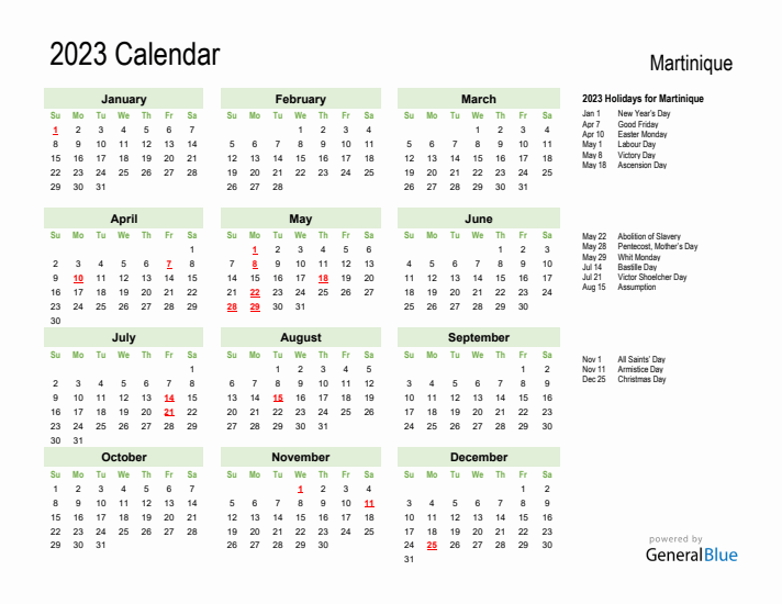Holiday Calendar 2023 for Martinique (Sunday Start)