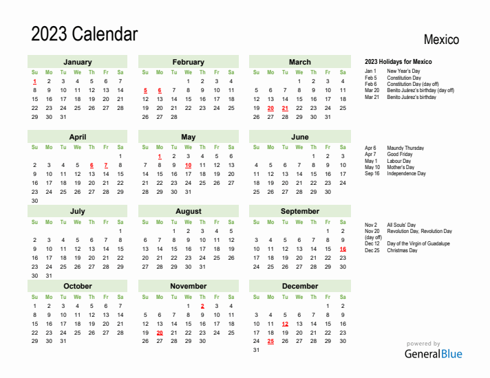 Holiday Calendar 2023 for Mexico (Sunday Start)