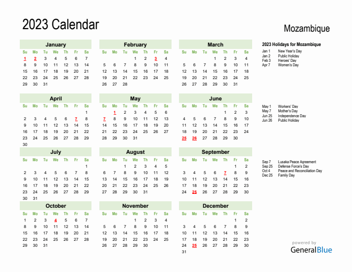 Holiday Calendar 2023 for Mozambique (Sunday Start)