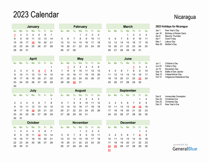 Holiday Calendar 2023 for Nicaragua (Sunday Start)