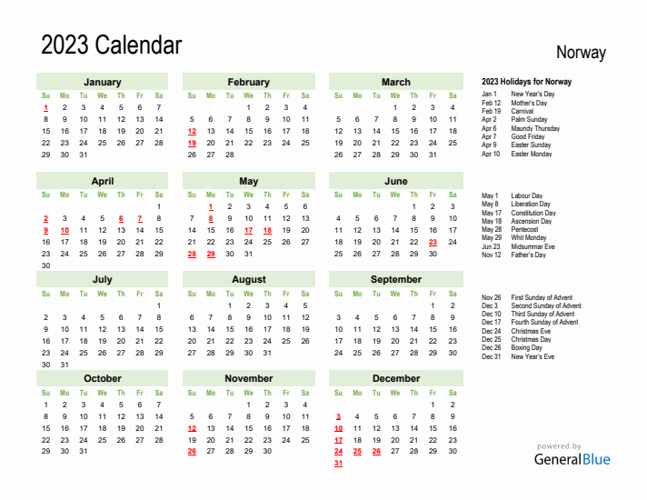 Holiday Calendar 2023 for Norway (Sunday Start)