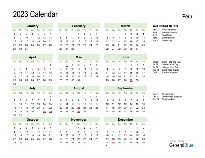 Holiday Calendar 2023 for Peru (Sunday Start)