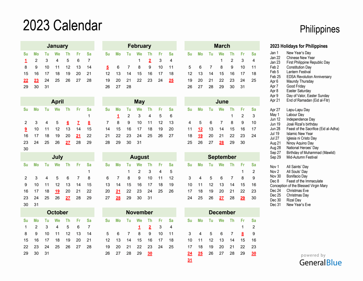 Holiday Calendar 2023 for Philippines (Sunday Start)