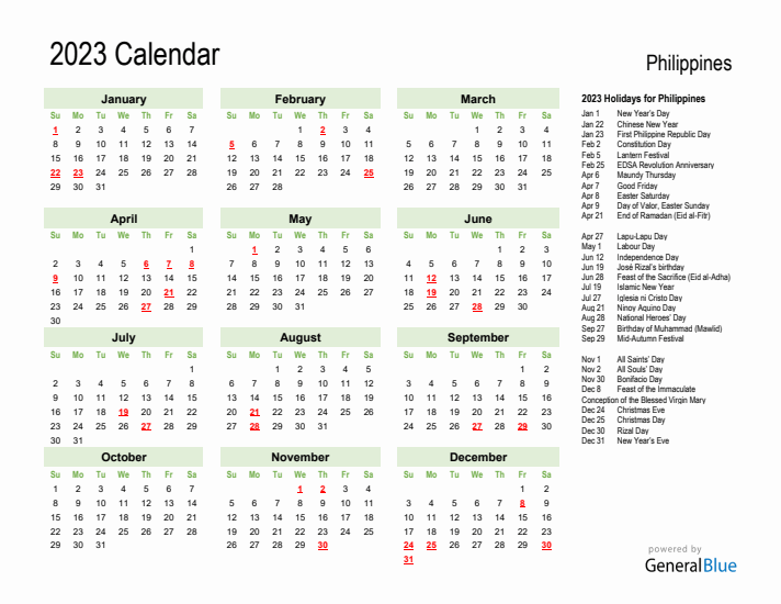 Holiday Calendar 2023 for Philippines (Sunday Start)