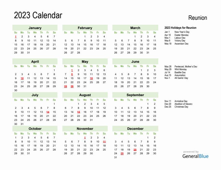 Holiday Calendar 2023 for Reunion (Sunday Start)