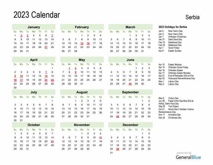 Holiday Calendar 2023 for Serbia (Sunday Start)