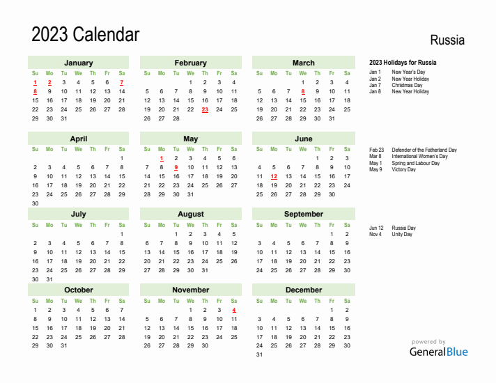 Holiday Calendar 2023 for Russia (Sunday Start)