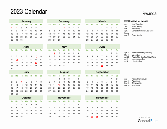 Holiday Calendar 2023 for Rwanda (Sunday Start)