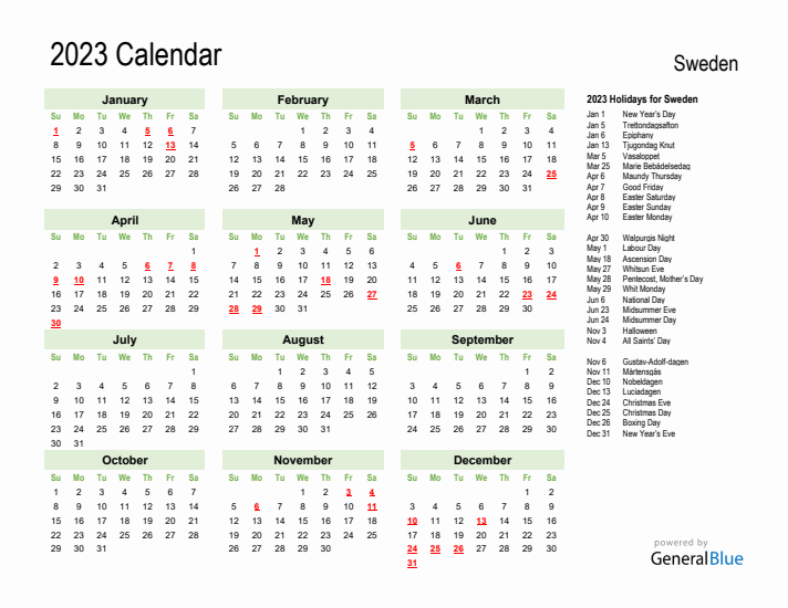 Holiday Calendar 2023 for Sweden (Sunday Start)