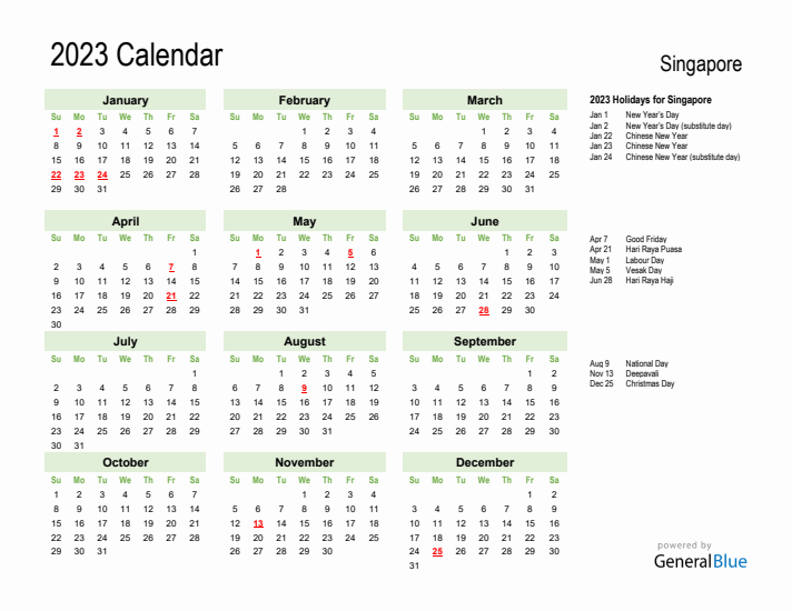 Holiday Calendar 2023 for Singapore (Sunday Start)