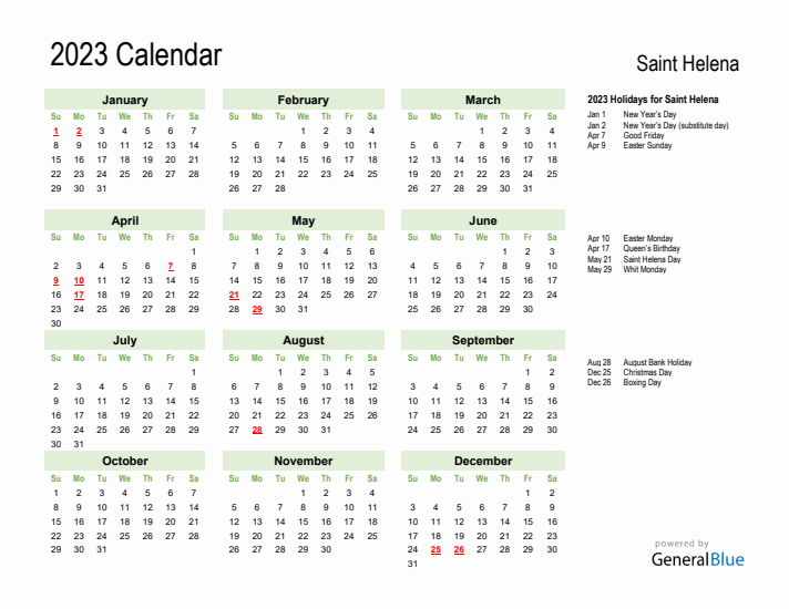 Holiday Calendar 2023 for Saint Helena (Sunday Start)