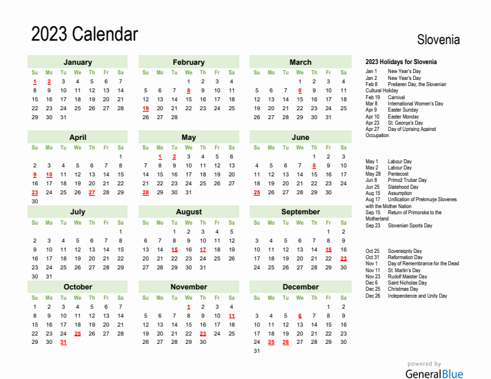 Holiday Calendar 2023 for Slovenia (Sunday Start)
