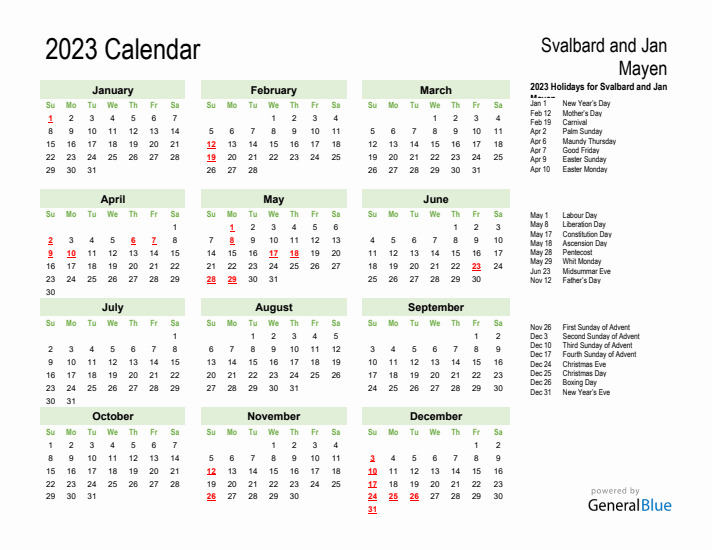 Holiday Calendar 2023 for Svalbard and Jan Mayen (Sunday Start)