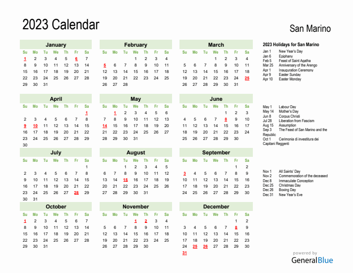 Holiday Calendar 2023 for San Marino (Sunday Start)
