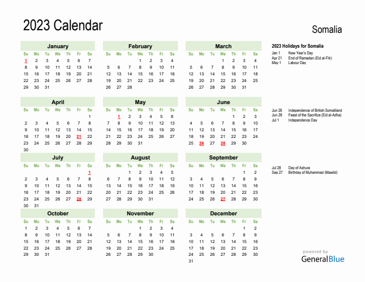 Holiday Calendar 2023 for Somalia (Sunday Start)