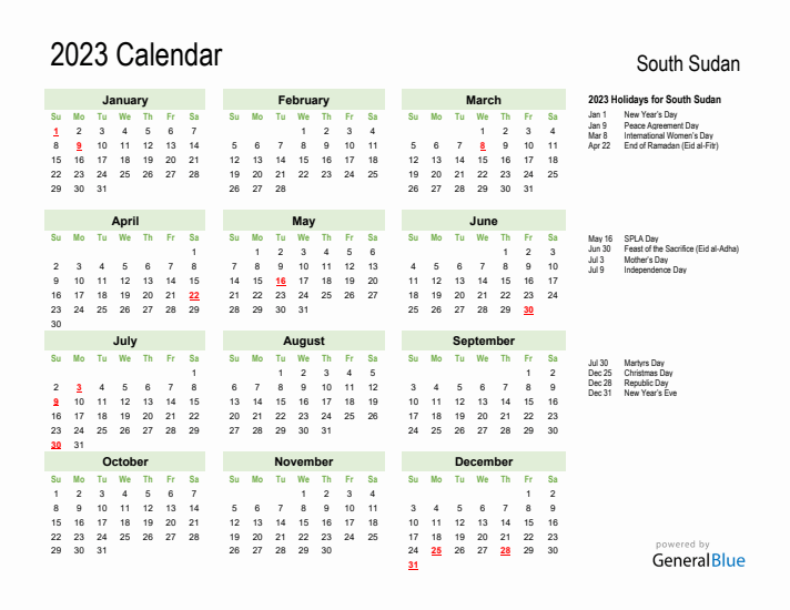 Holiday Calendar 2023 for South Sudan (Sunday Start)