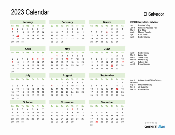 Holiday Calendar 2023 for El Salvador (Sunday Start)