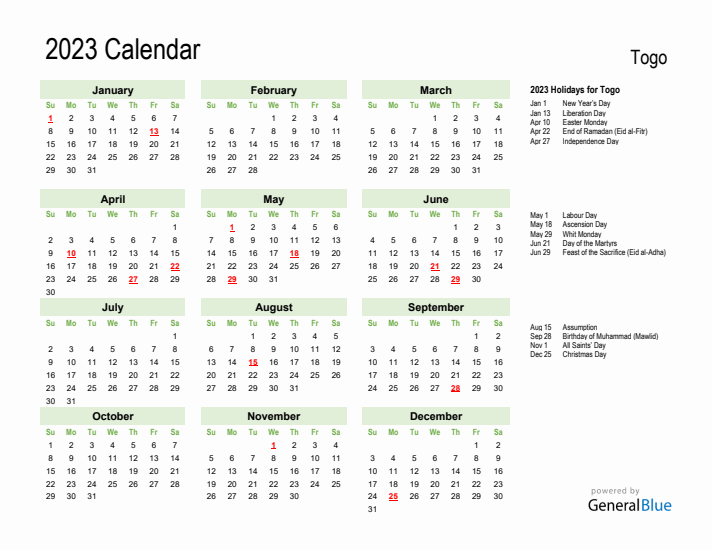 Holiday Calendar 2023 for Togo (Sunday Start)
