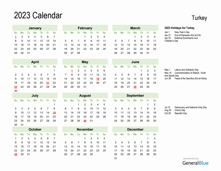 Holiday Calendar 2023 for Turkey (Sunday Start)