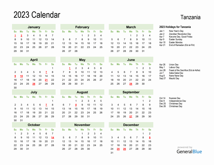 Holiday Calendar 2023 for Tanzania (Sunday Start)