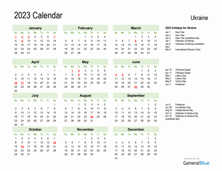 Holiday Calendar 2023 for Ukraine (Sunday Start)